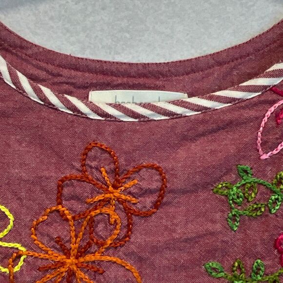 BECHAMEL Embroidered Floral Cotton Dress Small Red White Stripes Pockets Garden - Picture 5 of 15